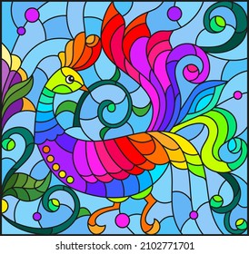 Stained glass illustration with a bright abstract rooster on a background of leaves, flowers and blue sky, rectangular image