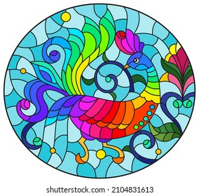 Stained glass illustration with a bright abstract bird on a background of leaves, flowers and blue sky, oval image