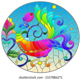 Stained glass illustration with a bright abstract bird on a background of leaves, flowers and blue sky, oval image