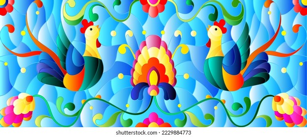 Stained glass illustration with a bright abstract roosters on a background of leaves, flowers and blue sky, rectangular image