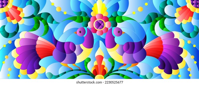 Stained glass illustration with a bright abstract birds on a background of leaves, flowers and blue sky, rectangular image