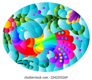 Stained glass illustration with a bright abstract bird on a background of leaves, flowers and blue sky, oval image