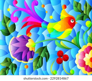 Stained glass illustration with a bright abstract bird on a background of leaves, flowers and blue sky, rectangular image