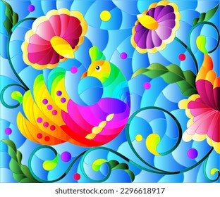 Stained glass illustration with a bright abstract bird on a background of leaves, flowers and blue sky, rectangular image