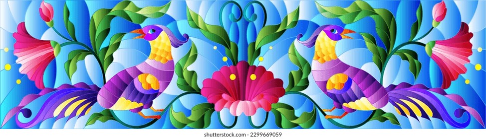 Stained glass illustration with a bright abstract birds on a background of leaves, flowers and blue sky, rectangular image