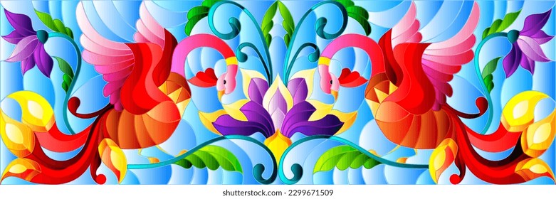 Stained glass illustration with a bright abstract peacocks on a background of leaves, flowers and blue sky, rectangular image