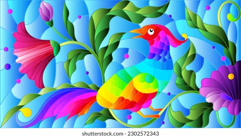 Stained glass illustration with a bright abstract bird on a background of leaves, flowers and blue sky, rectangular image