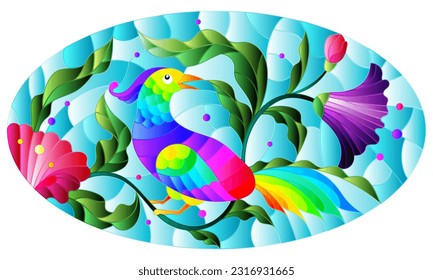 Stained glass illustration with a bright abstract bird on a background of leaves, flowers and blue sky, oval image