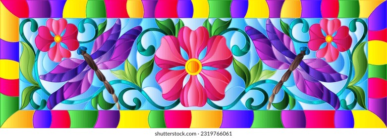 Stained glass illustration with bright abstract dragonflies and flowers on a blue background in a bright frame