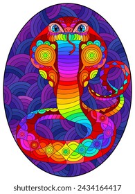A stained glass illustration with a bright abstract snake cobra on a blue wavy background
