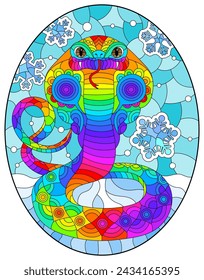 A stained glass illustration with a bright abstract snake cobra on a background of sky and snow, oval image