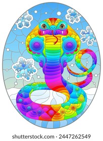 A stained glass illustration with a bright abstract snake cobra on a background of sky and snow, oval image