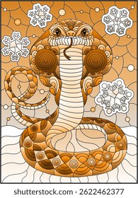 A stained glass illustration with a bright abstract snake cobra on a background of sky and snow, tone brown