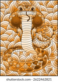 A stained glass illustration with a bright abstract snake cobra on a wavy background, tone brown