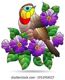 A stained glass illustration with a bright bird, purple flowers and leaves, isolated on a white background