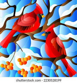 Stained glass illustration with bright birds on tree branches, against the sky