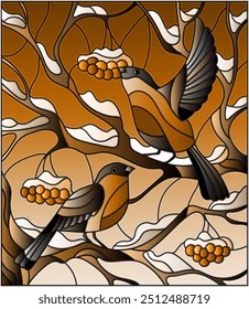 Stained glass illustration with bright birds on tree branches, against the sky, tone brown