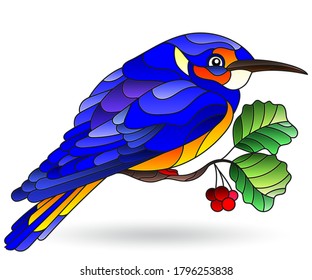 Stained glass illustration with a bright blue bird on a branch of a tree with berries, isolated on a white background