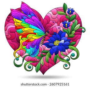 Stained glass illustration with bright butterfly and flowers on heart, composition isolated on a white background