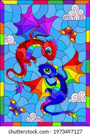 Stained glass illustration with bright cartoon dragons against a cloudy blue sky, in a bright frame