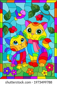 Stained glass illustration with bright cartoon cats against a blue sky  and flowers, in a bright frame