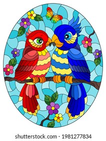 Stained glass illustration with bright cartoon parakeets against a blue sky and flowers,oval image