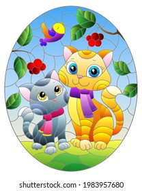 Stained glass illustration with bright cartoon cats against a blue sky and berries, ioval image 