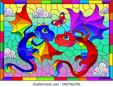 Stained glass illustration with bright cartoon dragons against a cloudy blue sky, in a bright frame