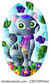 Stained glass illustration with bright cartoon cat against a blue sky and berries, oval image 