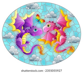 Stained glass illustration with bright cartoon dragons against a cloudy blue sky, oval image