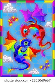 Stained glass illustration with bright cartoon dragons against a cloudy blue sky, in a bright frame