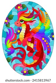 A stained glass illustration with a bright cartoon dragon on a blue background
