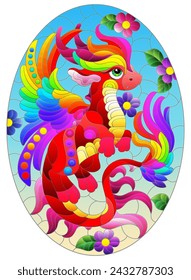 A stained glass illustration with a bright cartoon dragon on a blue background