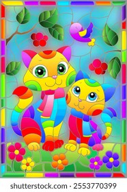 Stained glass illustration with bright cartoon cats against a blue sky  and flowers, in a bright frame