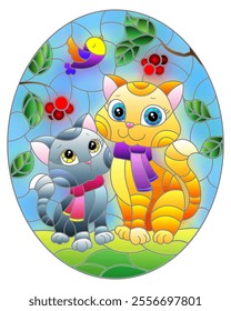 Stained glass illustration with bright cartoon cats against a blue sky and berries, ioval image 