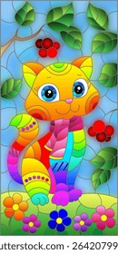Stained glass illustration with bright cartoon cat against a blue sky and  berryes, rectangular image