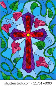 Stained glass illustration with a bright cross in the sky and pink flowers