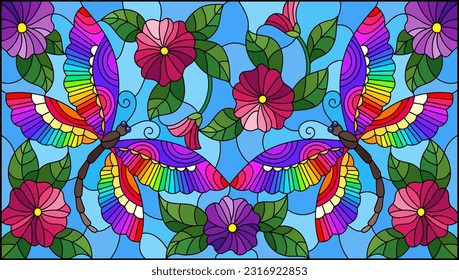 Stained glass illustration with bright dragonflies, leaves and flowers on a blue sky background