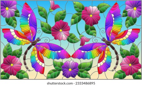 Stained glass illustration with bright dragonflies, leaves and flowers on a blue sky background