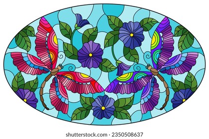 Stained glass illustration with bright dragonflies and flowers, oval image