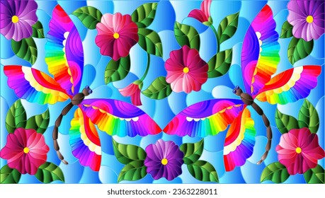 Stained glass illustration with bright dragonflies, leaves and flowers on a blue sky background