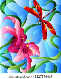 A stained glass illustration with a bright dragonfly and a pink lily flower on a blue sky background