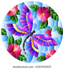 Stained glass illustration with a bright dragonfly and a pink flower on a blue sky background, round image