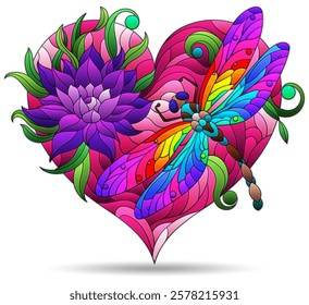 Stained glass illustration with bright dragonfly and flowers on heart, composition isolated on a white background