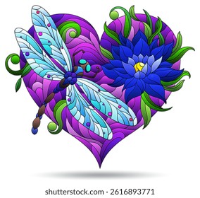 Stained glass illustration with bright dragonfly and flowers on heart, composition isolated on a white background