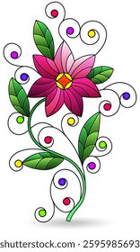 Stained glass illustration with bright flower, isolated on a white background 
