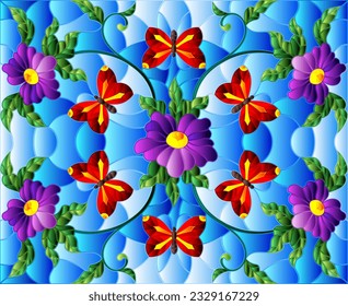 Stained glass illustration with bright flowers and butterflies on a blue sky background