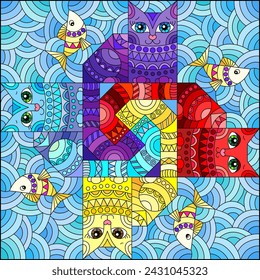 Stained glass illustration with bright geometric cats on a blue background