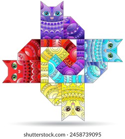 Stained glass illustration with bright geometric cats isolated on a white background