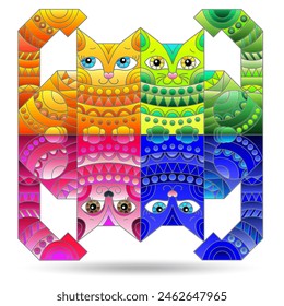 Stained glass illustration with bright geometric cats isolated on a white background